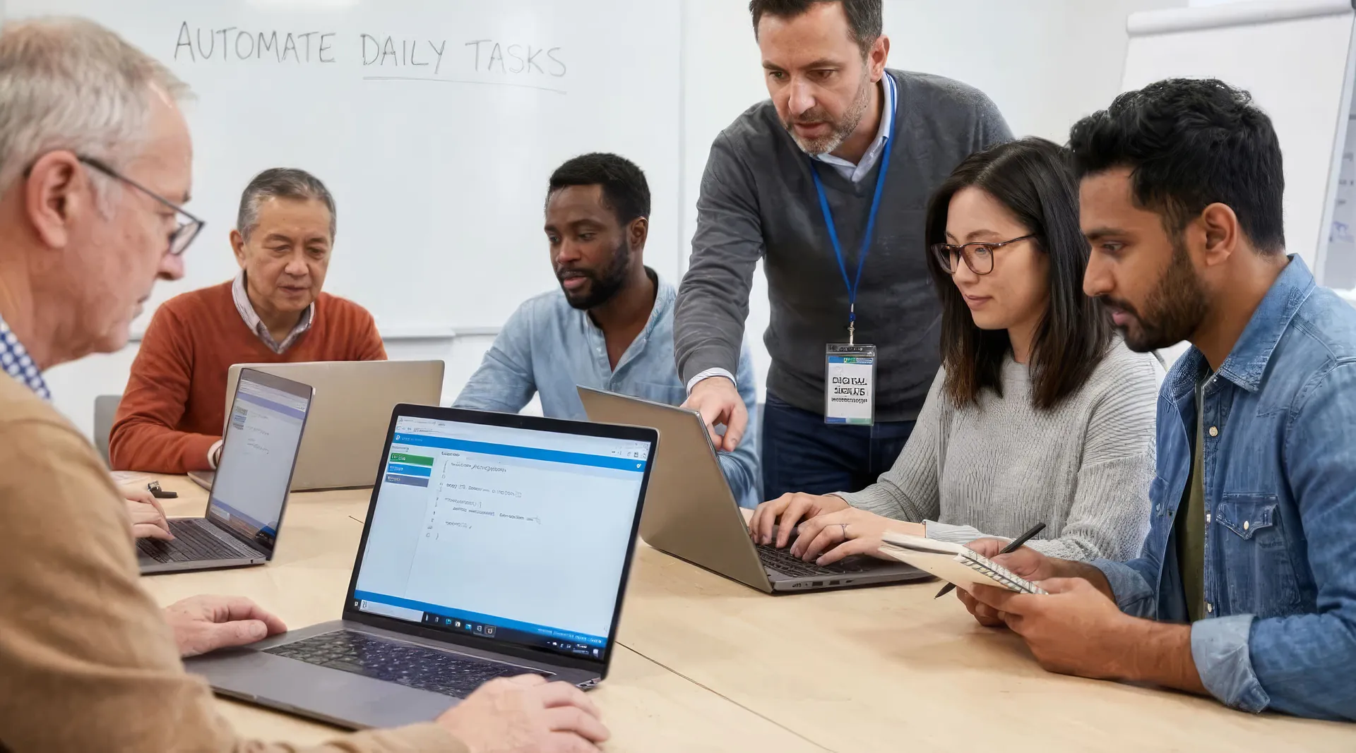 An instructor guides a diverse group of adult learners on laptops in front of a whiteboard that reads Automate Daily Tasks