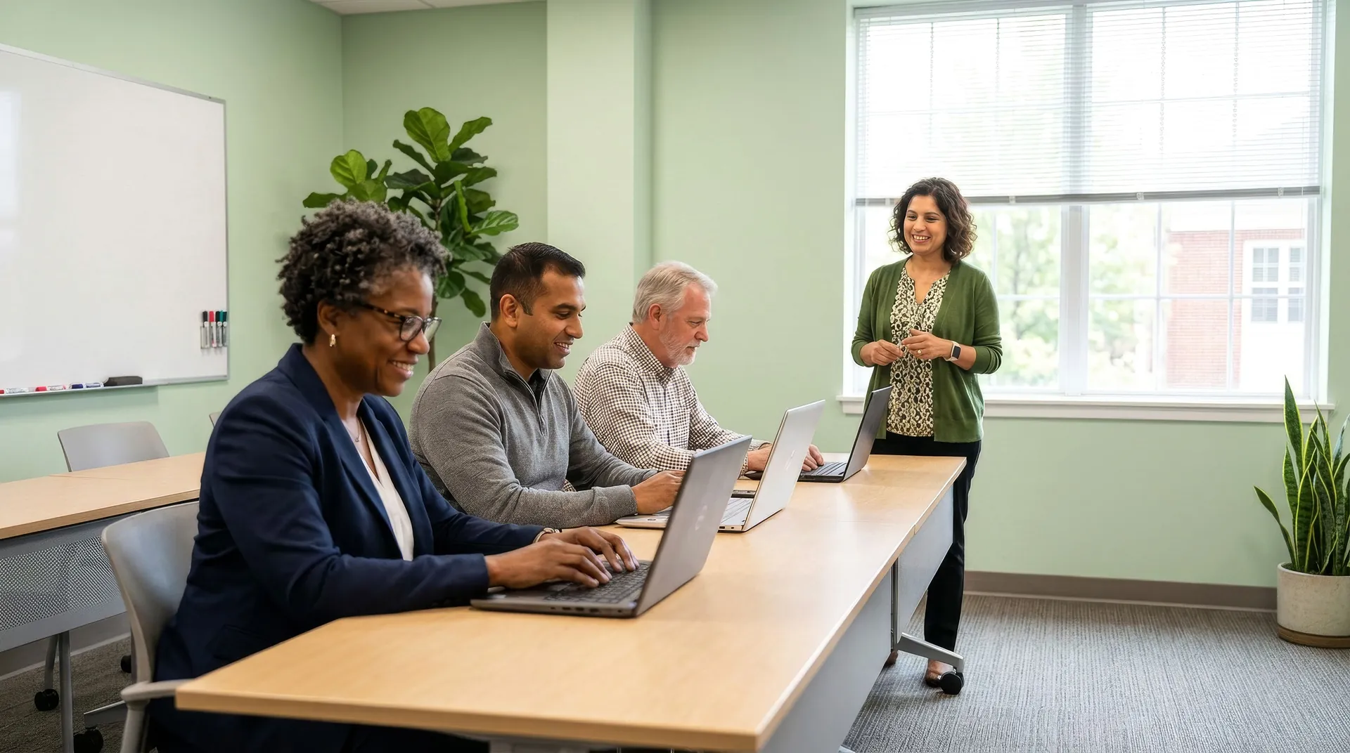 A facilitator smiles as three adult learners work on laptops at a shared table in a bright, plant-filled corporate training room with a whiteboard