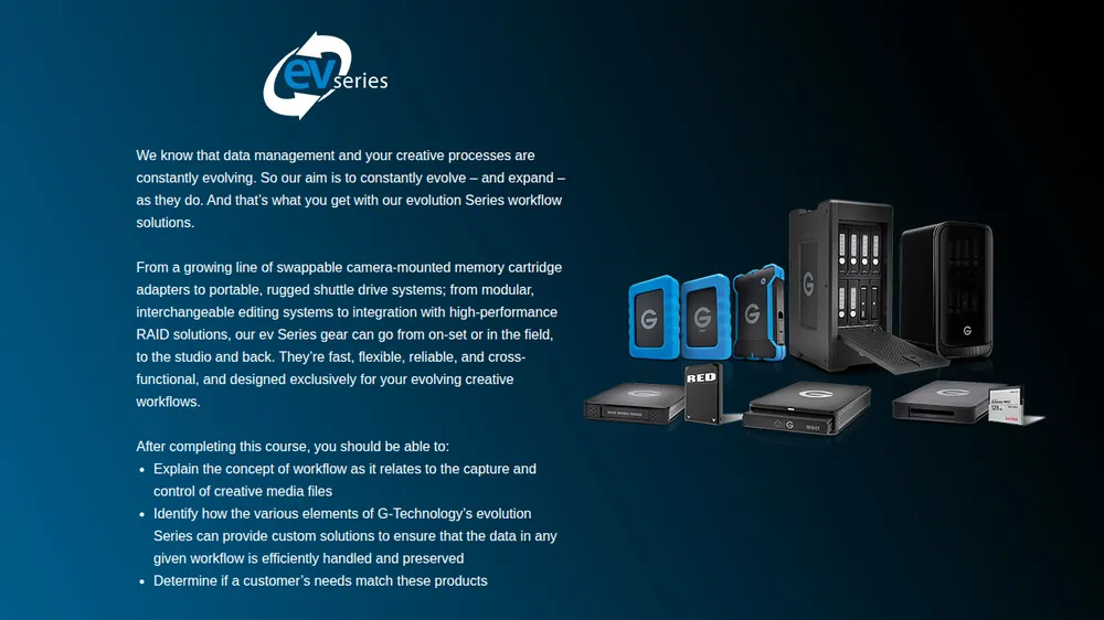 G-Technology ev Series Workflow course title screen